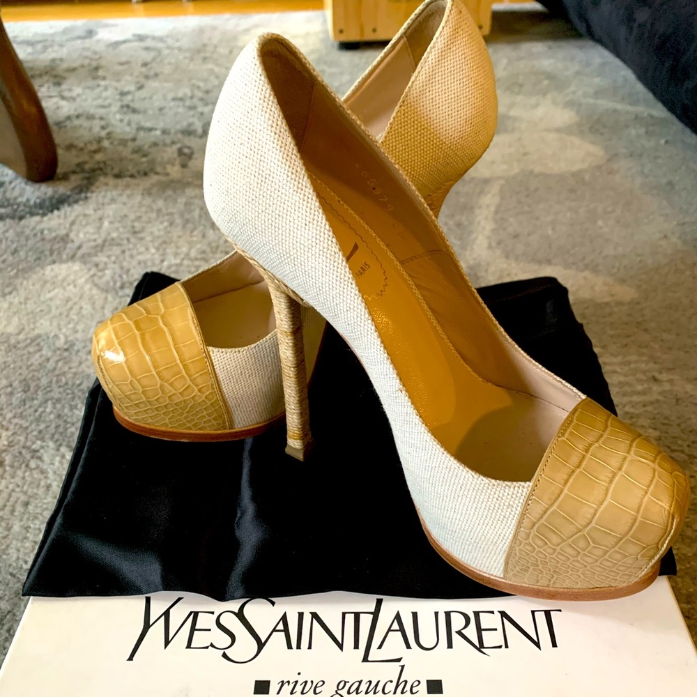 Genuine YSL Yves Saint Laurent Tribtoo tan platform pumps
